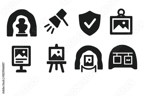 Subterranean Art Gallery Icons. Solid style icons of subterranean art galleries: sculpture in cave glyph, spotlight icon, curated