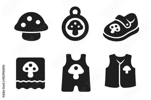 Children's Fungus Apparel Icons. Solid style icons of children’s living fungus apparel: tiny mushroom hat icon, playful spore