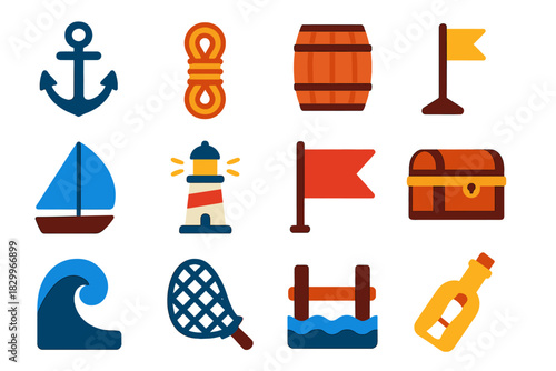 Maritime Exploration Icons. Flat vector icons of maritime exploration: anchor, rope coil, cargo barrel, ship mast, wind sail,