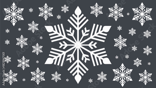 A dark gray background filled with various sized white snowflakes in a scattered pattern arrangement design