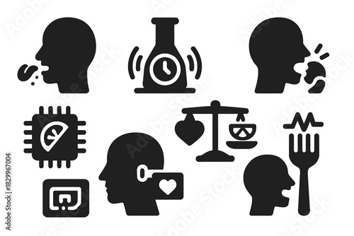 Edible Memory Icons. Solid style icons of edible memory experiments: taste test memory icon, lab with time dish, reaction recall