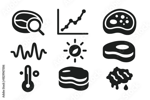 Meat Protein Analysis. Solid style icons of meat and protein scan: meat surface scan, tenderness profile chart, marbling contrast