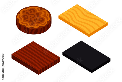 Bold Wood Veneers. Isometric vector illustration set Types of Wood Veneers: Walnut burl slice, maple curl sheet, rosewood stripe