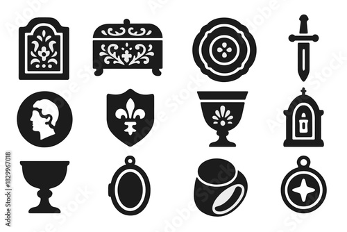 Historical Metalwork Icons. Solid style icons of Historical metalwork: engraved plaque, ornamental box, antique plate, ceremonial
