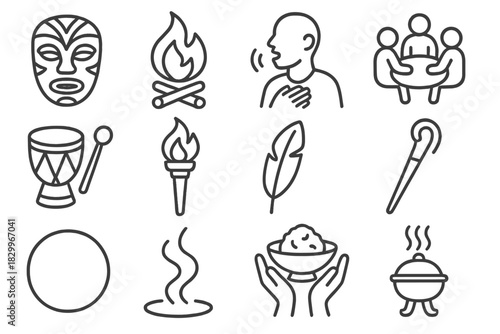 Ceremonial Icons Collection. Line style icons of Traditional Ceremony: Mask, Sacred Fire, Chant, Community Gathering; Drum, Torch,