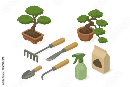 Bonsai Gardening Tools. Isometric vector illustration set of Bonsai gardening: shaped pine bonsai, cascading style bonsai, root