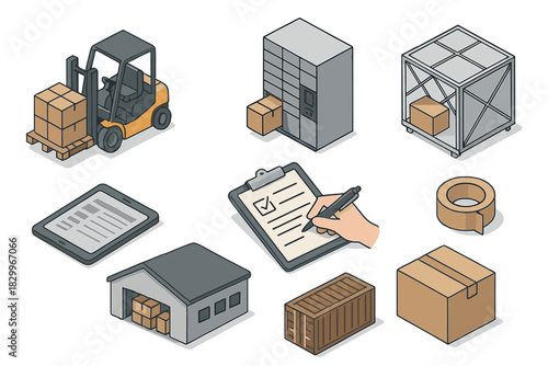 Logistics and Delivery Essentials. Isometric vector illustration set of Logistics and Delivery: forklift with pallet, parcel