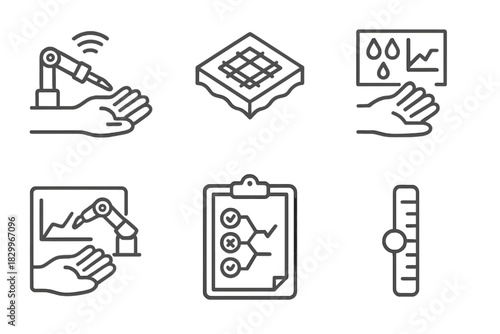 Robotic Skin Testing Icons. Line style icons of robotic skin testing: sensor pad feedback, artificial skin grid, ink penetration