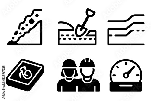 Disaster Archaeology Icons. Line style icons of Disaster Archaeology: ancient landslide trace, hillside excavation, displaced soil