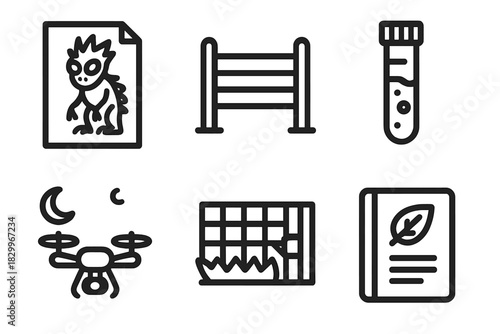Cryptid Research Icons. Line style icons of Cryptid Research: Chupacabra print, livestock fence, blood sample vial, night drone,