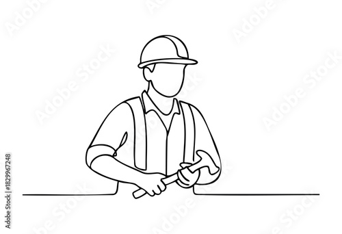 A continuous single line drawing of a construction worker or handyman wearing a hard hat and suspenders, holding a hammer ready to work.