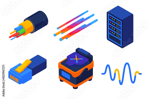 Fiber Optics Icons. Isometric vector illustration set Fiber Optics Transmission: optical fiber cable, glowing light pulses, data