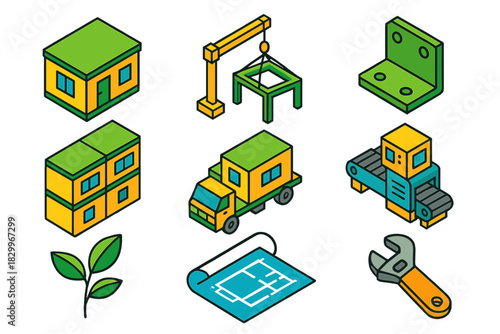 Eco Construction Elements. Isometric vector illustration set Eco construction – prefabricated module, crane lift frame, connection