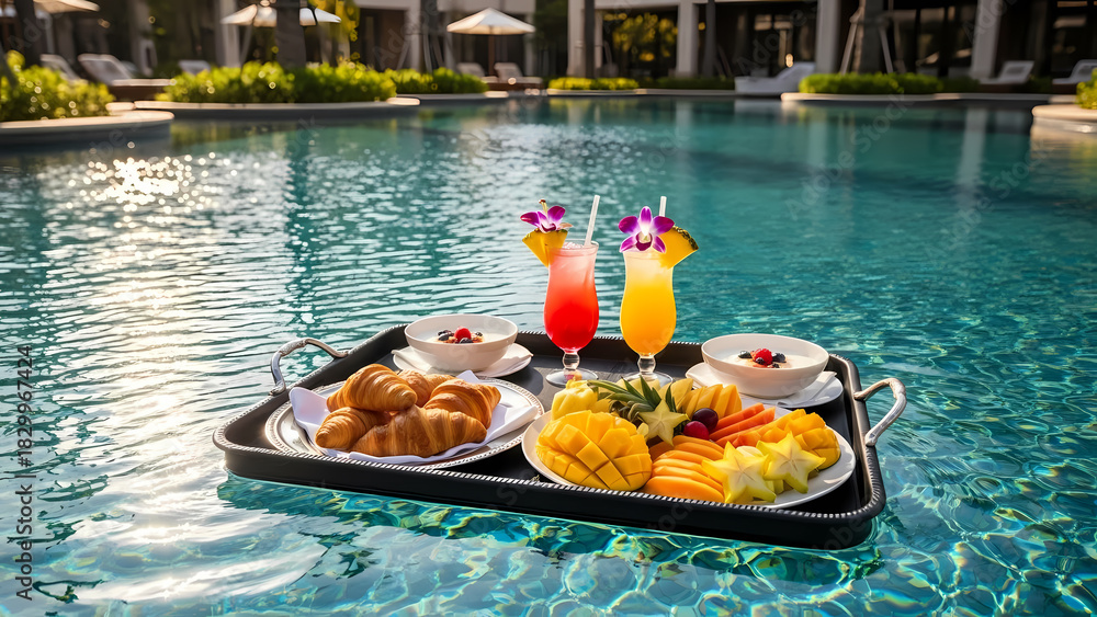 Obraz premium Indulge in a Luxurious Poolside Breakfast with Tropical Fruits and Refreshing Cocktails for the Ultimate Vacation Escape and Relaxation