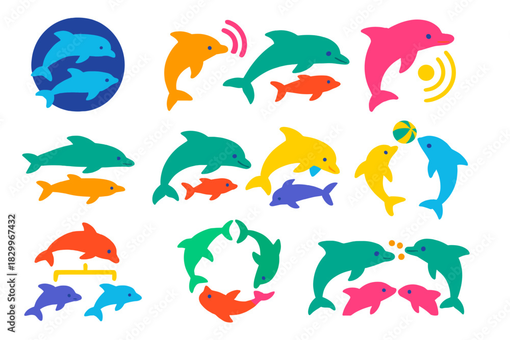 Naklejka premium Dolphin Social Behavior Icons. Flat vector icons of dolphin social behavior: dolphin pod, vocalization icon, echolocation pulse,