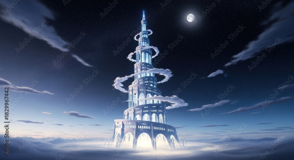 Fototapeta premium Majestic Fantasy Tower Reaching for the Moonlit Sky.