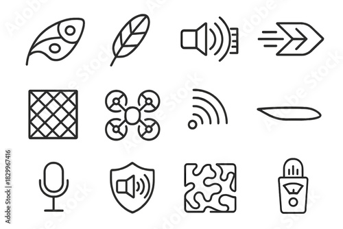 Adaptive Stealth Icons. Line style icons of Adaptive Stealth: Moth Wing, Owl Feather, Sound Absorption, Silent Design; Acoustic