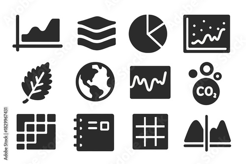 Climate Icon Montage. Solid style icons of climate reconstruction: timeline graph, layered archive, isotope ratio wheel,