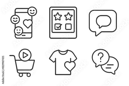 Audience Interaction Icons. Line style icons of audience interaction features: live emoji reactions, style vote icon, comment