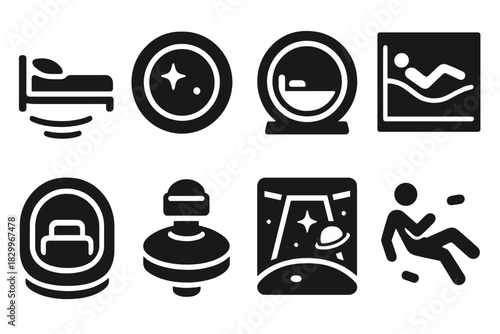 Zero-Gravity Hotel Icons. Solid style icons of zero-gravity hotels: floating bed glyph, orbital window icon, spin room badge.