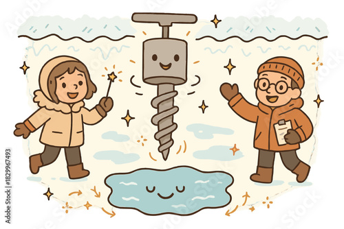 Cheerful Ice Expedition. Magical doodle subglacial research expedition with cheerful researchers, cartoon ice drills with faces,