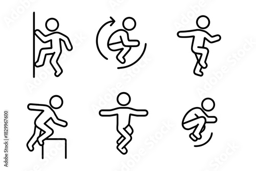 Trick Icons Showcase. Line style icons of unique tricks: wallride turn, spin jump form, one-foot land, obstacle vault pose,