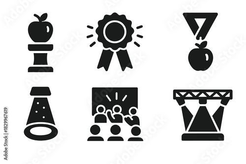 Bold Innovation Icons. Solid style icons of innovation awards and events: futuristic food trophy, glowing ribbon, award plate with