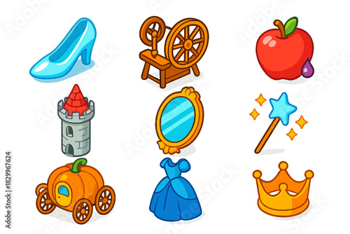 Fairytale Elements Icons. Isometric vector illustration set Mythology and folklore – glass slipper, spinning wheel, poisoned apple