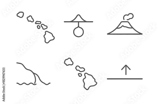 Hawaiian Island Formation Icons. Line style icons of Hawaiian Island Formation: volcanic island chain, seafloor hotspot, shield