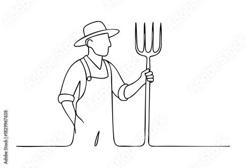 A farmer or gardener, depicted in a continuous line art style, wearing a hat and overalls, holding a pitchfork.