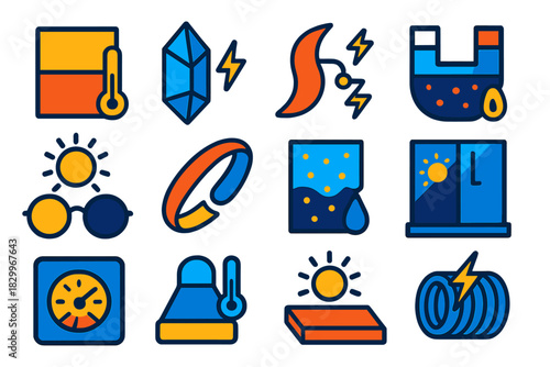 Smart Material Icons. Flat vector icons of smart materials: thermochromic surface, piezoelectric crystal, electroactive polymer,