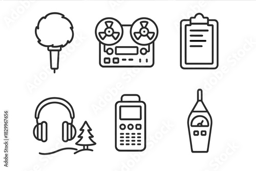 Field Recording Icons. Line style icons of Field Recording Techniques: microphone with windscreen, reel-to-reel recorder, field