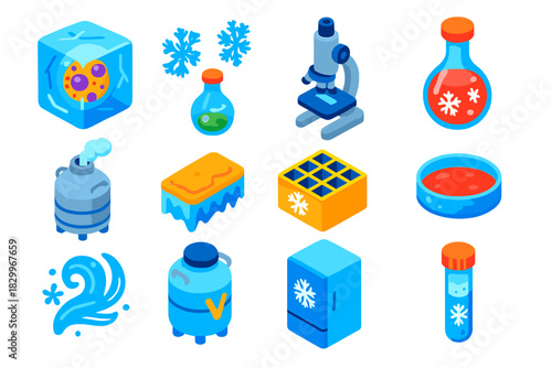 Cryobiology Icons Set. Isometric vector illustration set Cryobiology: ice-encased cell, snowflake crystals, compound microscope,
