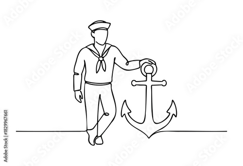 A sailor in uniform, standing next to a large anchor, depicted in a continuous one-line drawing style, on a plain white background.