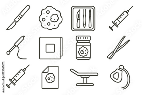 Surgical Oncology Icons. Line style icons of surgical oncology: scalpel, tumor mass, surgical tray, biopsy needle; cryo probe,