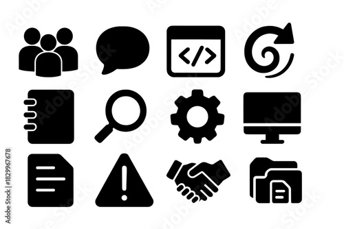 Team Collaboration Icons. Solid style icons of team collaboration in legacy maintenance: human silhouettes, chat bubble, code