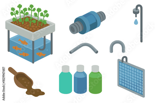 Aquaponics System Illustration. Isometric vector illustration set of Aquaponics systems: horizontal grow bed, check valve, drip