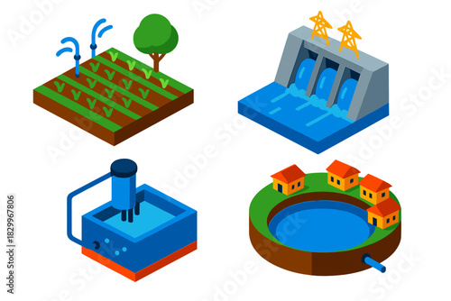 Freshwater Icons Set. Isometric vector illustration set Freshwater Use Cases: Agricultural field irrigation, hydroelectric dam,