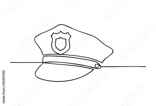 A police officer's peaked cap with a prominent badge, depicted in a continuous single-line art style on a clean white background, creating a minimalist outline illustration.