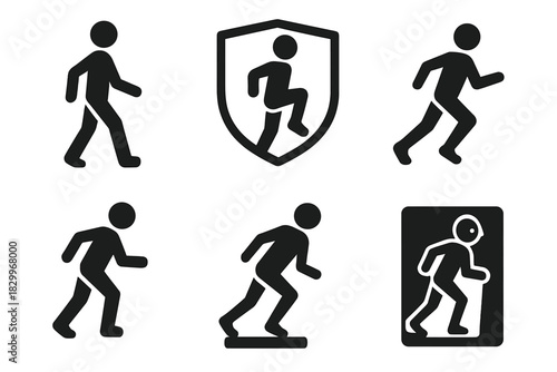 Runner Behavior Icons. Solid style icons of runner behavior and posture: upright backward stride icon, bent knee lift badge, arm