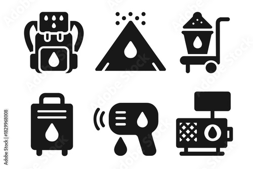 Portable Water Harvesting Icons. Solid style icons of portable water harvesting units: backpack with water collector, foldable fog