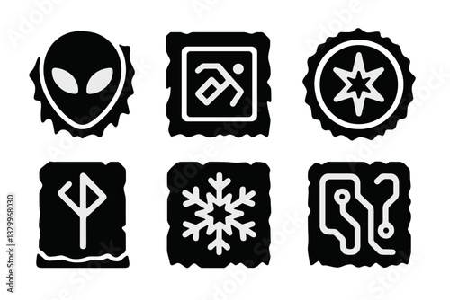 Futuristic Ice Icons. Solid style icons of sci-fi inspired frost forms: alien symbol in ice, tech glyph etching, cosmic cold badge