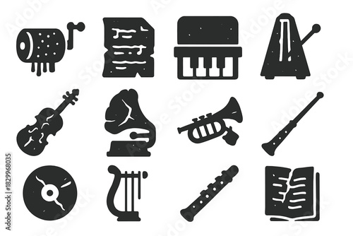 Forgotten Melody Icons. Solid style icons of Forgotten melody: music box cylinder, faded sheet music, silent keys, dusty metronome