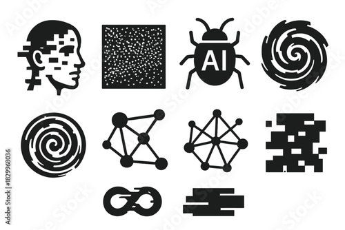 Glitch Icon Aesthetics. Solid style icons of glitch and generative aesthetics: fragmented face tattoo, noise map overlay, AI bug