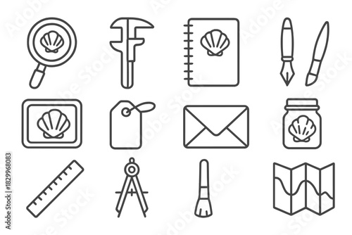 Shell Study Essentials. Line style icons of shell study tools: magnifying glass, calipers, notebook, ink pen; specimen tray, label