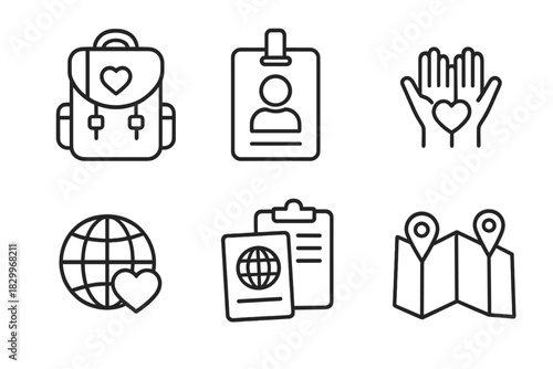 Voluntourism Essentials Icons. Line style icons of voluntourism essentials: travel backpack with heart, volunteer badge, helping