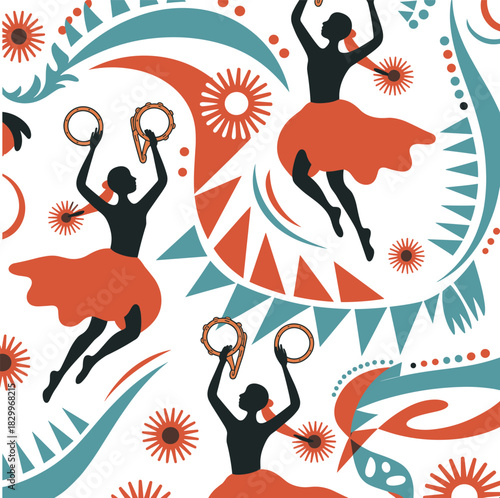 Dancers with tambourines in silhouette, red skirts, festive motion, abstract background, cultural celebration theme, flat vector illustration