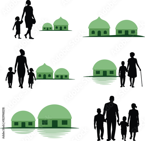Family and housing silhouette collage, generational relationships, green domed buildings, rural life theme, community scenes, flat vector illustration