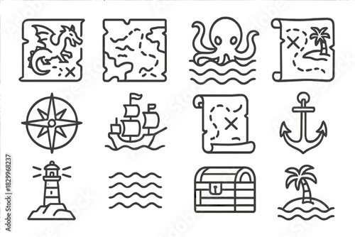 Pirate Adventure Icons. Line style icons of Pirate Maps: Dragon, Inaccurate Coastline, Monster of the Sea, Buried Treasure;