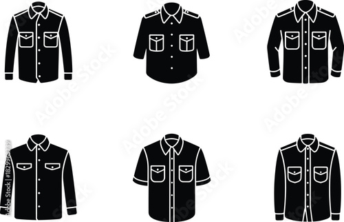 Men’s shirt icon set, black and white, sleeve and pocket variations, fashion design elements, flat vector illustration